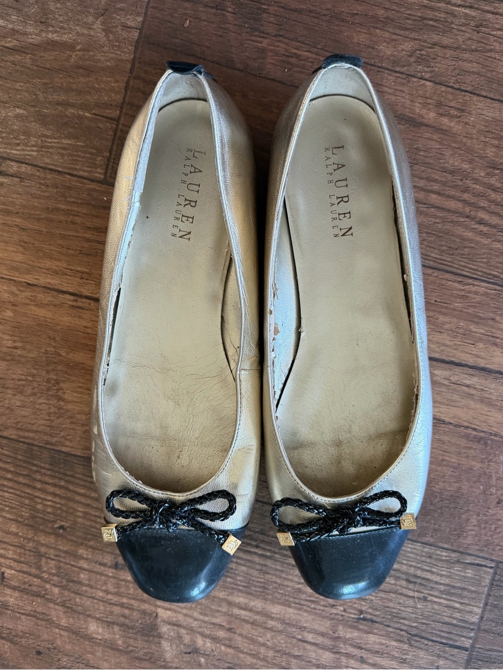 Lauren Ralph Lauren Metallic Gold Ballet Flats with Black Cap Toe